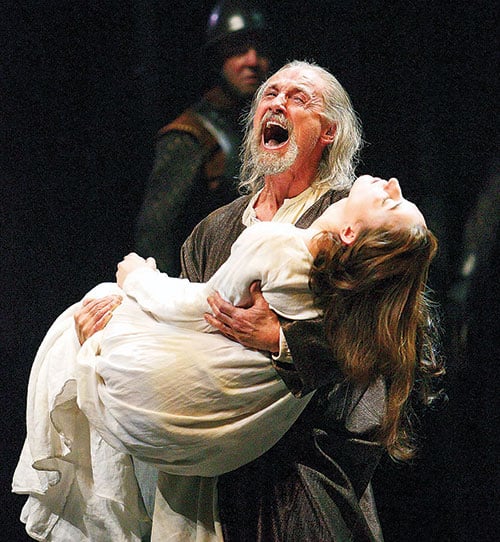 King Lear carries Cordelia after she has died, part of an answer to one of our questions about Shakespeare.