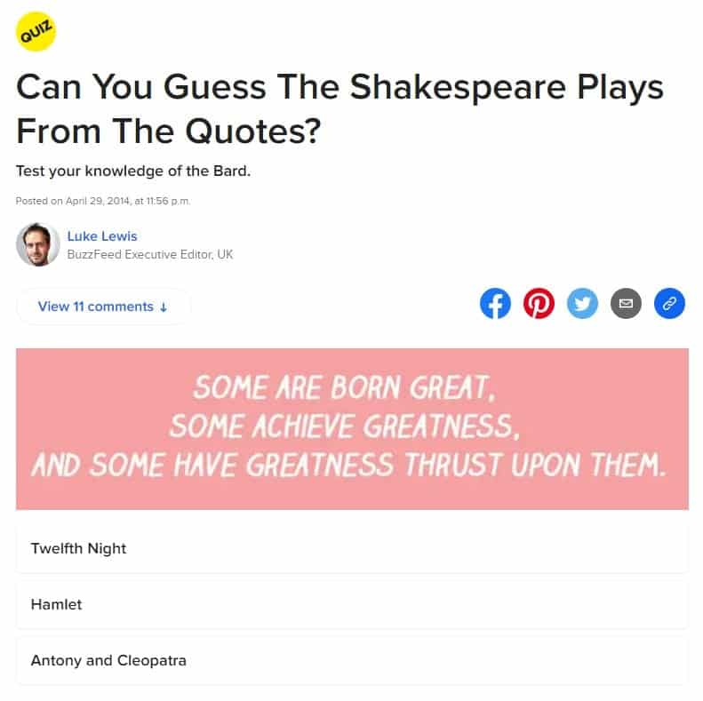 screengrab of shakespeare quotes quiz from buzzfeed