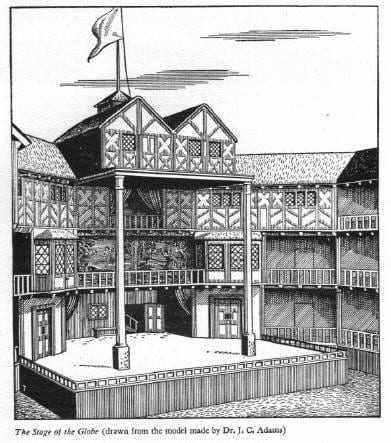 Etching of interior of The Globe Theatre